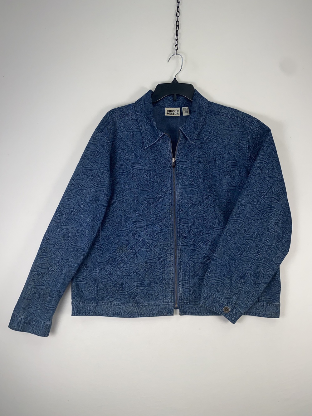 Chico's Design Jacket Womens 3 Blue Denim Full Zip Collared Geometric Print